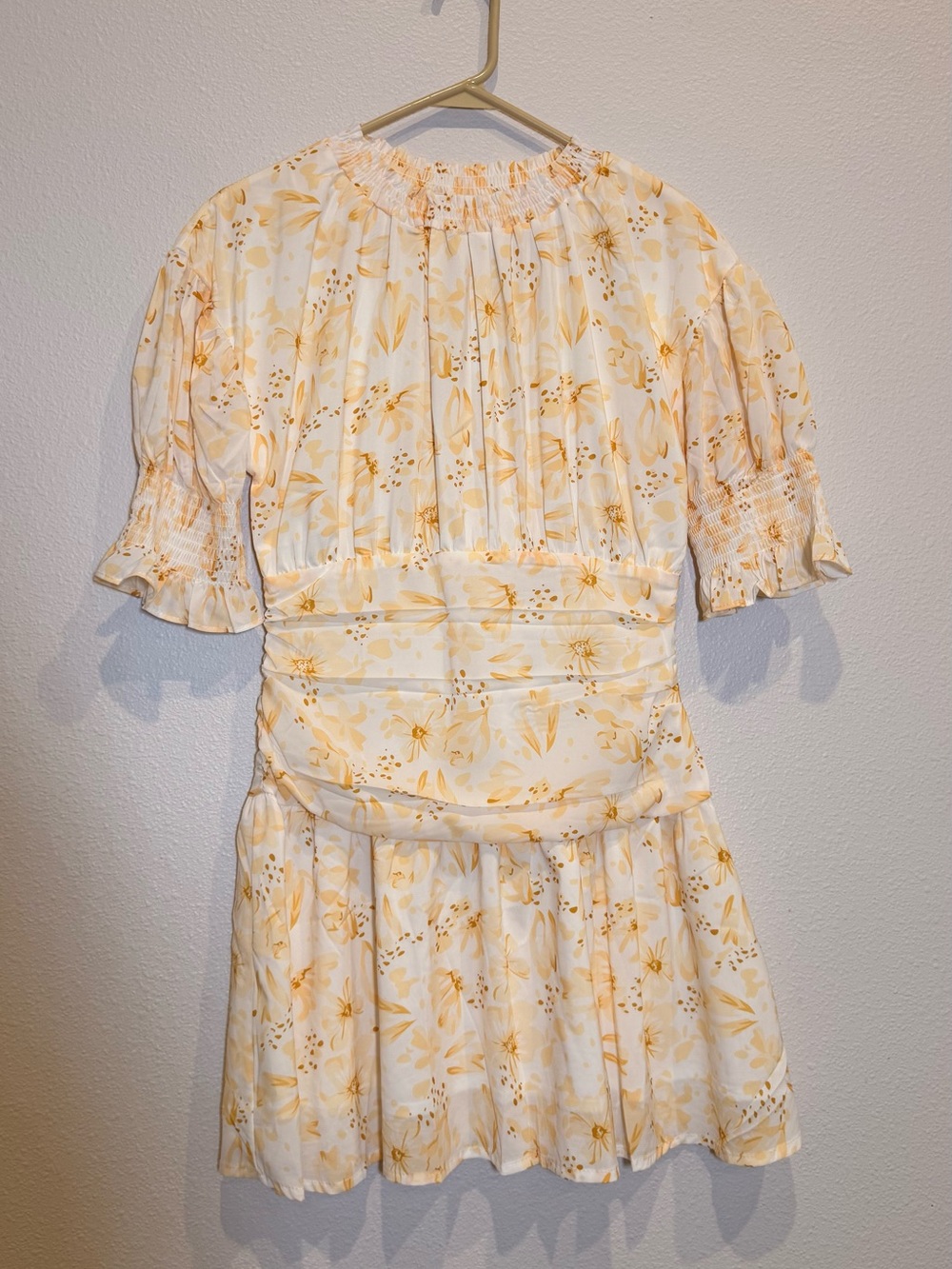 Girls' Cream & Yellow Floral Smocked Waist Dress